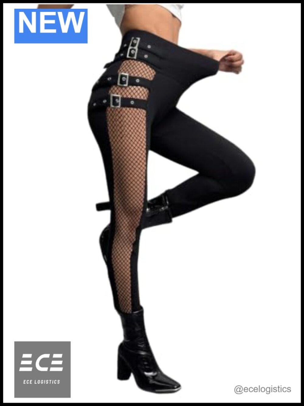 Women's High Waisted Mesh Leggings Gothic Punk Buckle Skinny Party Pants
